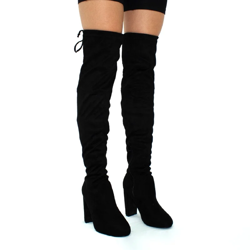 women's heeled boots for dancingKendall  - Black Faux Suede Over The Knee Tie Up Block Heel Boots