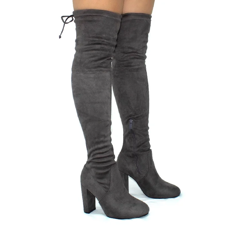 women's heeled boots for outdoor eventsKendall  - Grey Faux Suede Over The Knee Tie Up Block Heel Boots