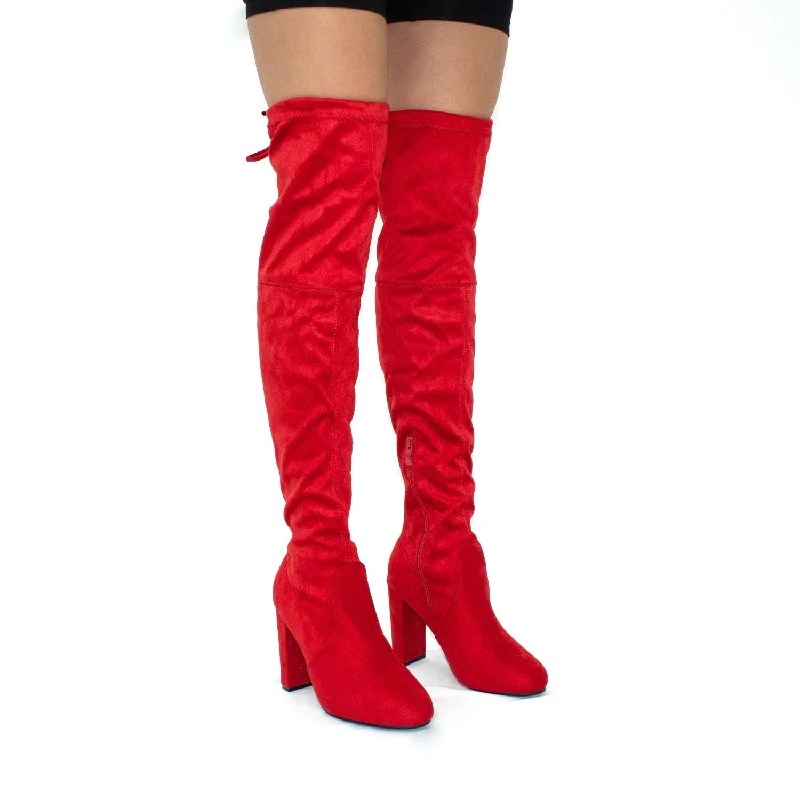 women's heeled boots for concertsKendall  - Red Faux Suede Over The Knee Tie Up Block Heel Boots