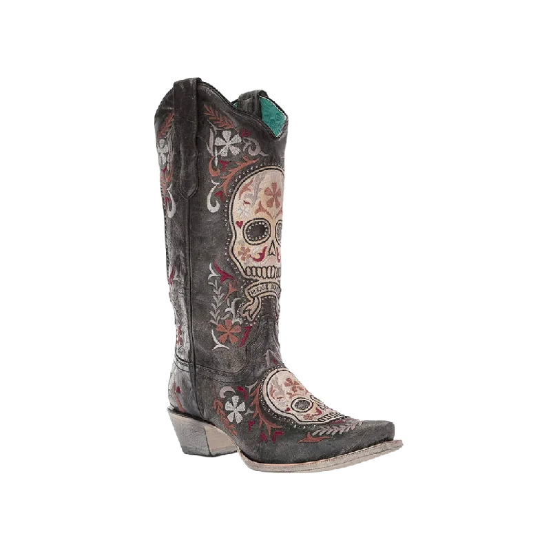 women's cowboy boots with square toeCorral Boots Women's Black and White Sugar Skull Embroidered Boots