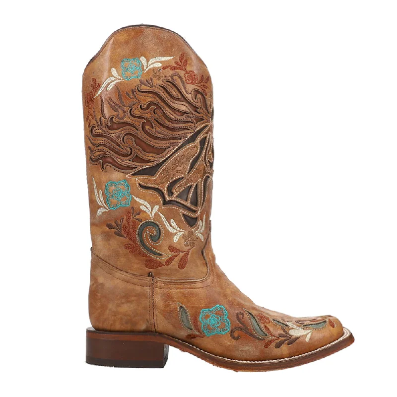 women's cowboy boots for winterFloral Inlay Embroidery Iridescent Square Toe Cowboy Boots.