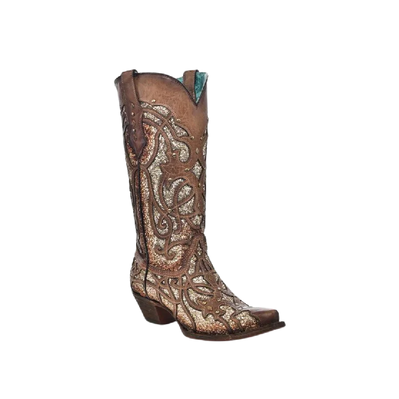 women's cowboy boots in brownCorral Women's Orix Glittered Inlay and Studs Snip Toe Boots