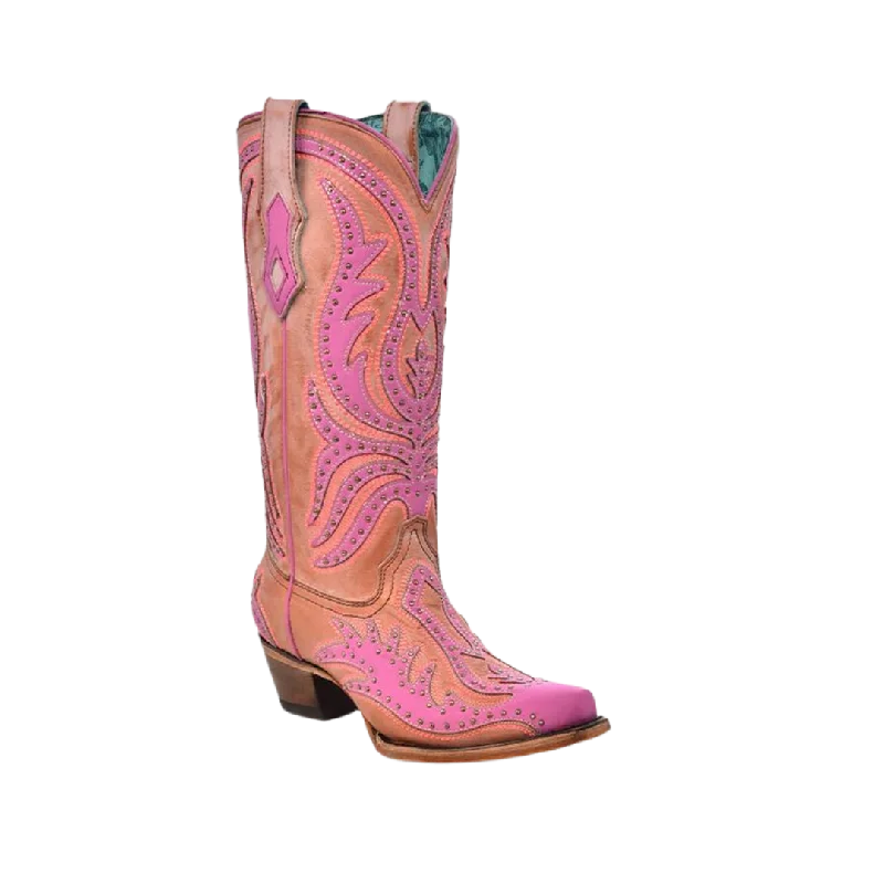 women's cowboy boots with insole supportCorral Womens Pink Neon Overlay Fluorescent Embroidery Studs Boot