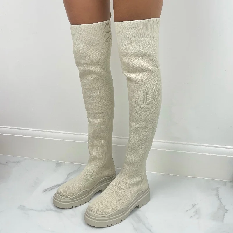 women's block heel bootsMarlyn - Cream Stretch Thigh High Chunky Sole Boots