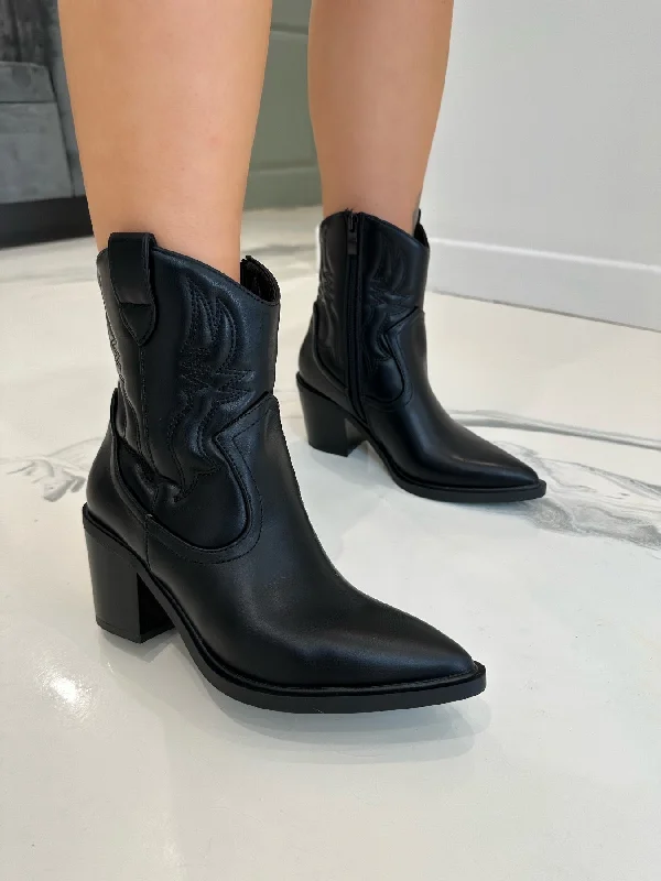 women's heeled boots for travelMiley - Black Short Ankle Faux Leather Heeled Cow Boy Boots