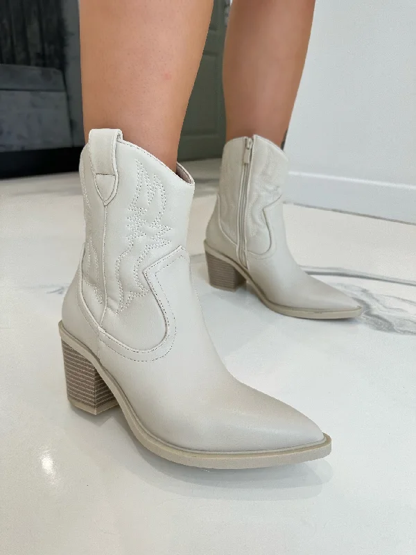 women's heeled boots in neutral colorsMiley - Cream Short Ankle Faux Leather Heeled Cow Boy Boots