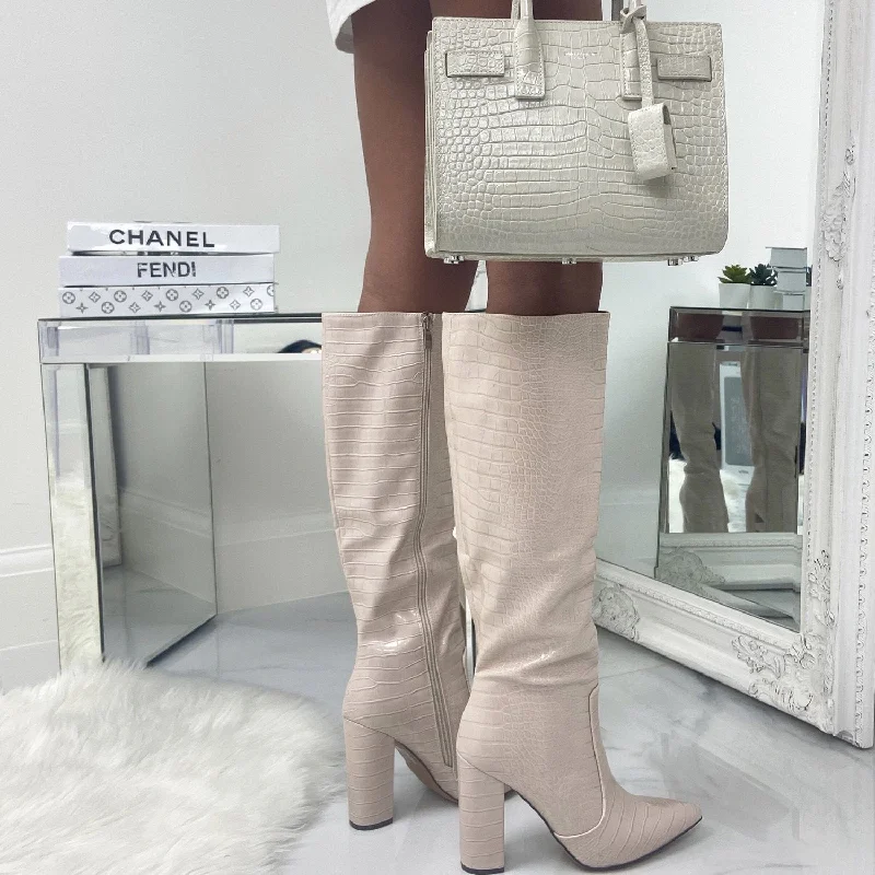 waterproof heeled boots for womenNatasha -  Beige Croc Print Knee High Pointed Toe Block Heel Boots