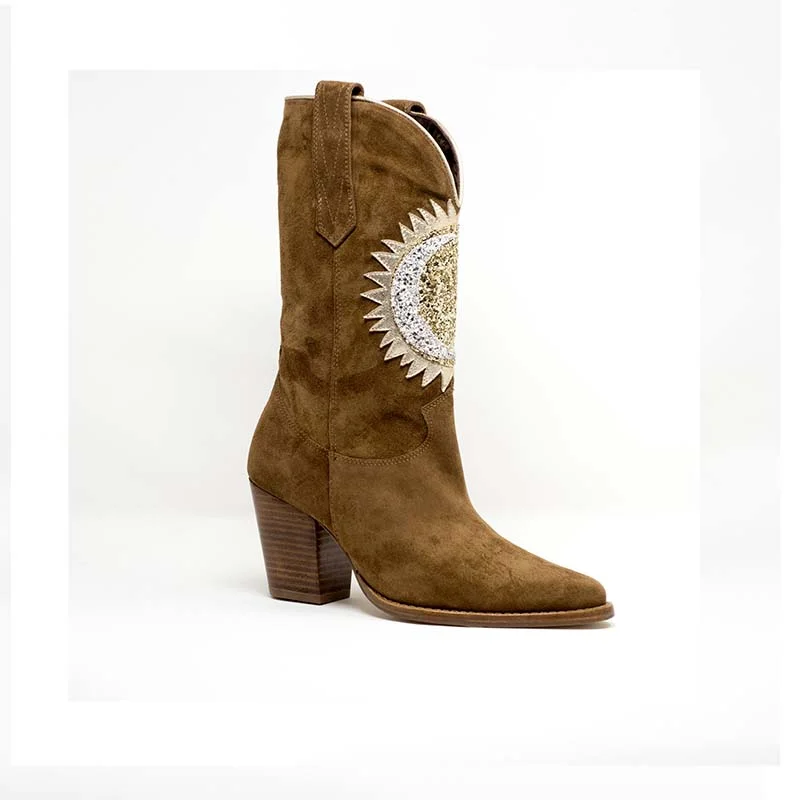 women's heeled boots with zippersPatricia Blanchet Marionnette Beige Suede Cowboy Boots