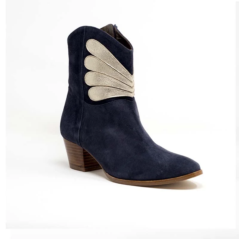 women's heeled boots for wide calvesPatricia Blanchet Princesse Navy Suede and Gold Leather Ankle Boots