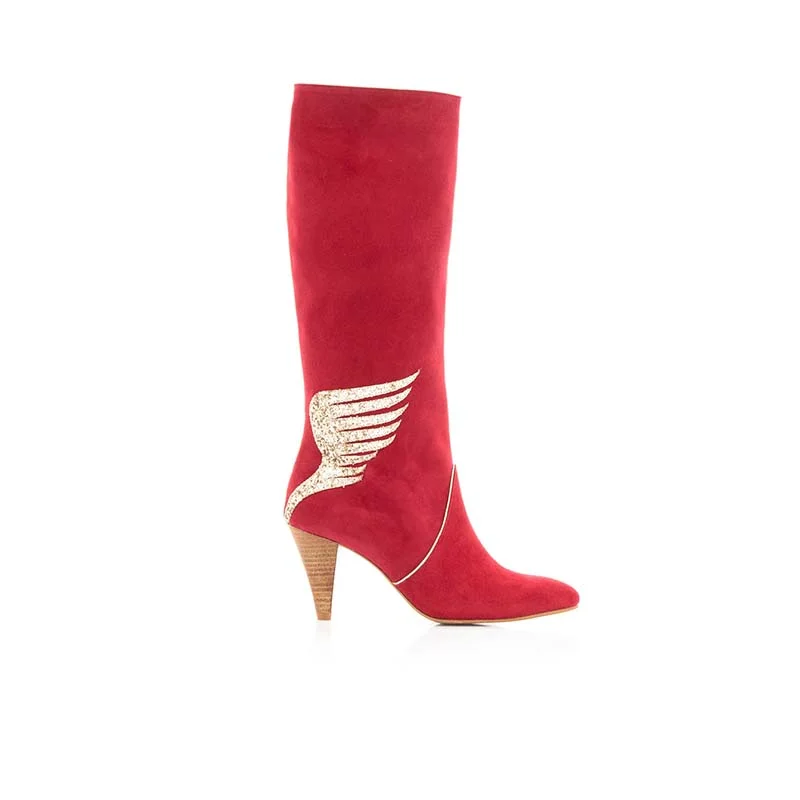 women's heeled boots with bucklesPatricia Blanchet Tornade Red Suede Tall Boots by