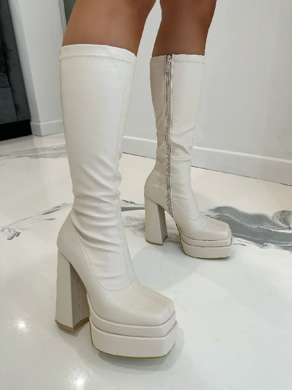 women's heeled combat bootsPatricia - Cream Faux Leather Square Toe Mid Length Boots