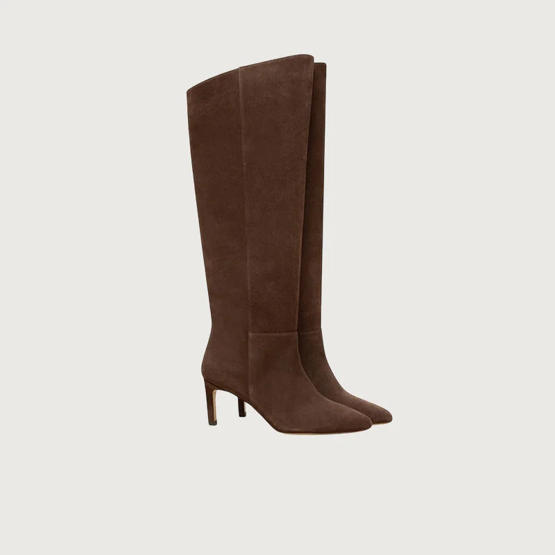 women's heeled boots with square toesRivecour N°721 Brown Suede Tall Boots