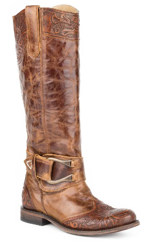 women's cowboy boots with low heelStetson Womens Cognac Leather Paisley 16In Wingtip Cowboy Boots 6.5