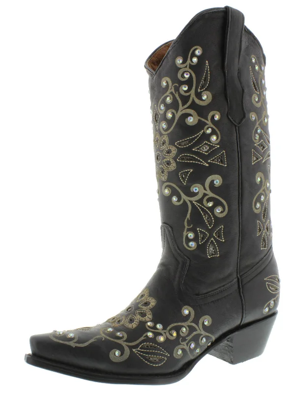 women's suede cowboy bootsWomens 720 Black Leather Cowboy Boots Rhinestones - Snip Toe