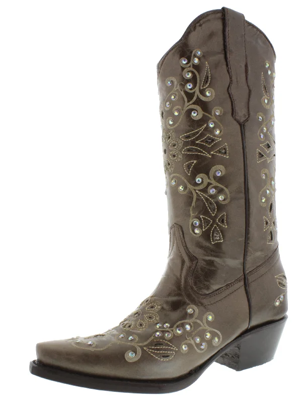 women's cowboy boots with bucklesWomens 720 Brown Leather Cowboy Boots Rhinestones - Snip Toe