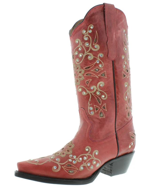 women's cowboy boots for narrow feetWomens 720 Red Leather Cowboy Boots Rhinestones - Snip Toe