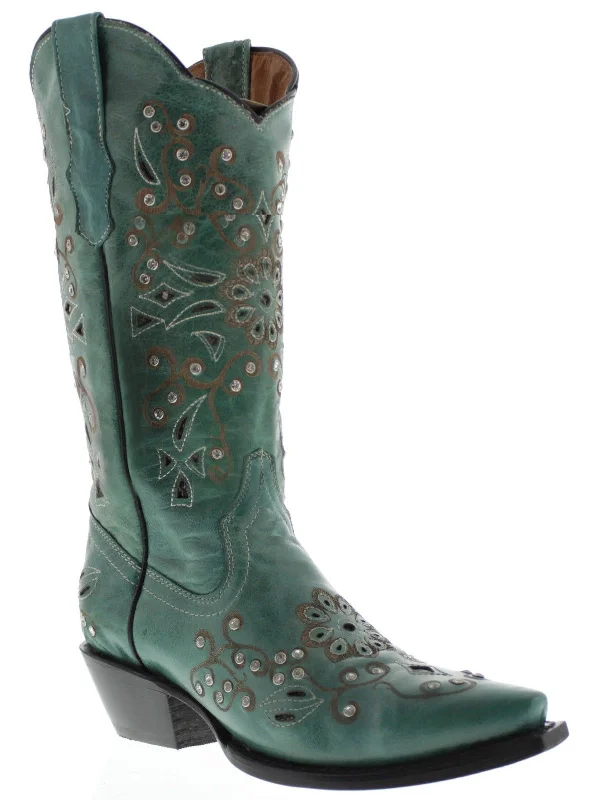 stylish women's cowboy bootsWomens 720 Turquoise Leather Cowboy Boots Rhinestones - Snip Toe