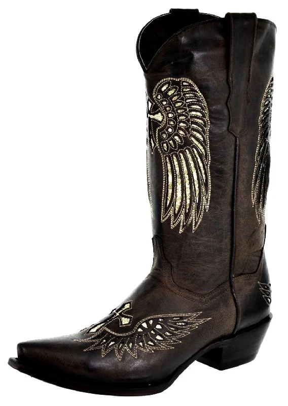 women's cowboy boots with metallic accentsWomens Brown Cowboy Boots Cross & Wing Sequins - Snip Toe