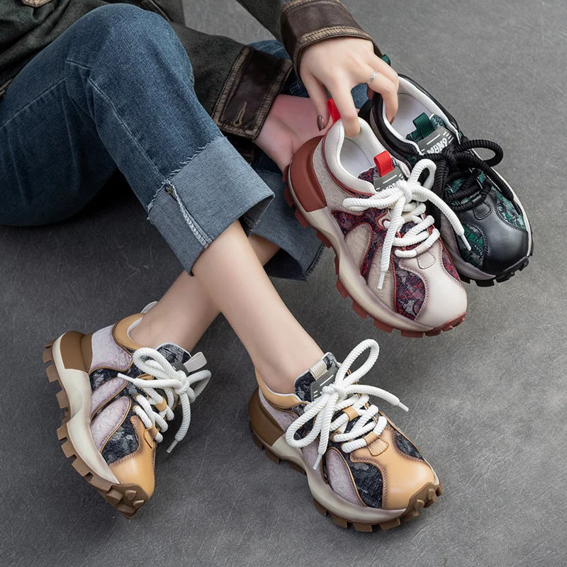 Women's casual sandals for warm - weather outingsWomen Fashion Color Matching Leather Lug Sole Casual Shoes