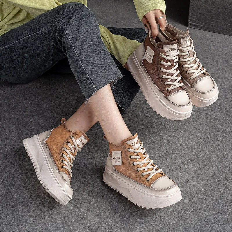 Lace - up women's casual shoes for a secure fitWomen Fashion Leather Thick Soled High Top Skate Shoes