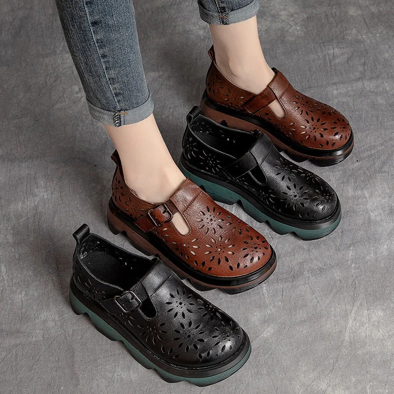 Women's casual shoes in black for a timeless colorWomen Summer Casual Hollow Leather Lug Sole Shoes